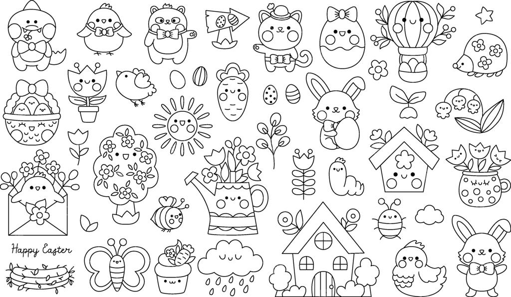 مجموعه کلیپ‌آرت وکتور سیاه و سفید عید پاک به سبک کاوایی برای کودکان؛ شامل کاراکترهای کارتونی بامزه و نمادهای خطی سنتی مثل خرگوش، تخم‌مرغ، پرنده، جوجه، سبد و گل‌ها؛ طرح رنگ‌آمیزی تعطیلات بهاری