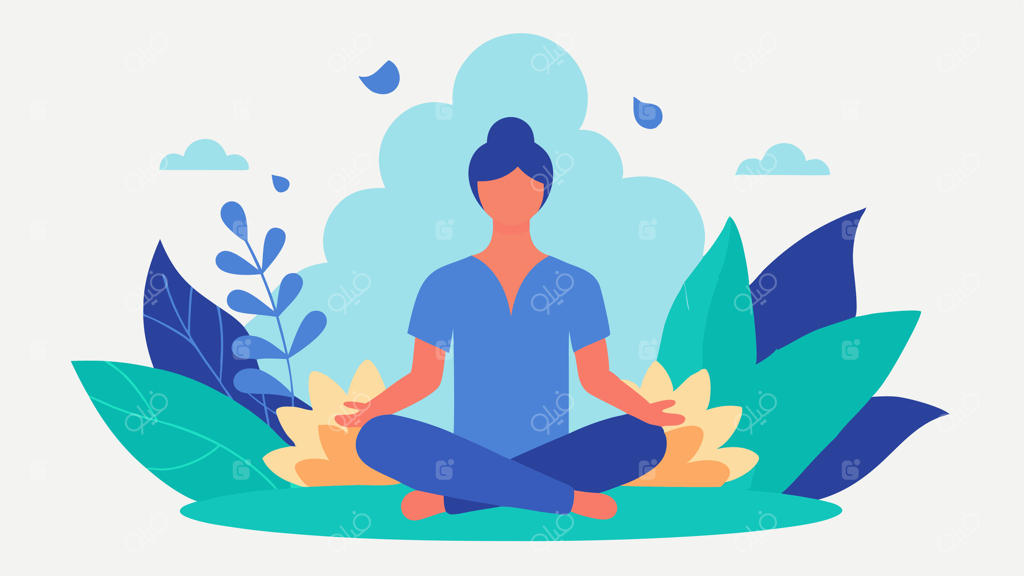 مدیریت استرس: فردی که به آرامی در باغی سرسبز مدیتیشن می‌کند و عناصر آرامش‌بخش همچون جریان آب و گل‌های نرم، نماد تکنیک‌های آرامش‌بخشی است.