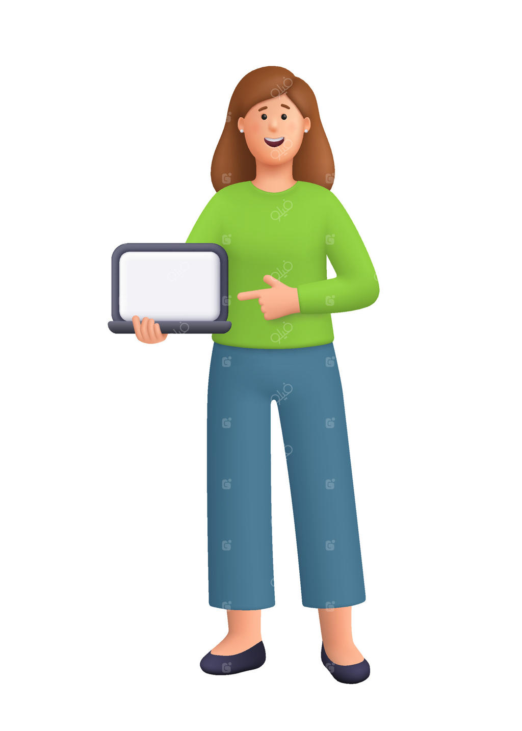 تصویرسازی زنی با لپ‌تاپ و لبخند دوستانه (وکتور حرفه‌ای)