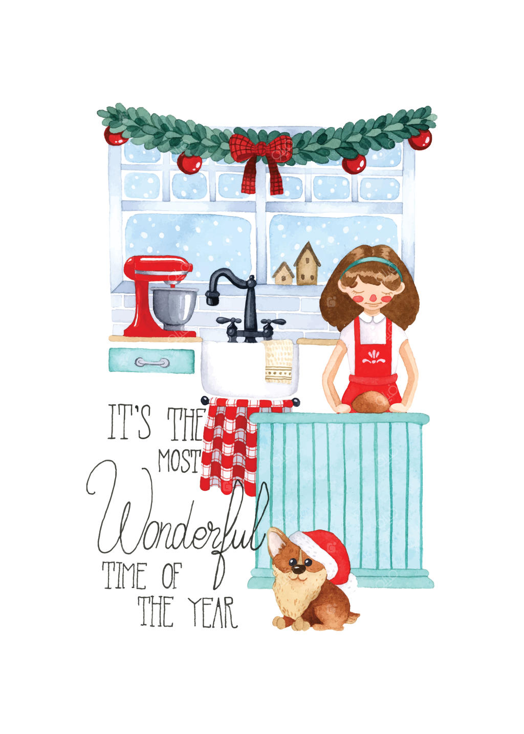 آشپزی کریسمس در آشپزخانه با تصویرسازی آبرنگی و نوشته دست‌نویس بر روی زمینه سفید