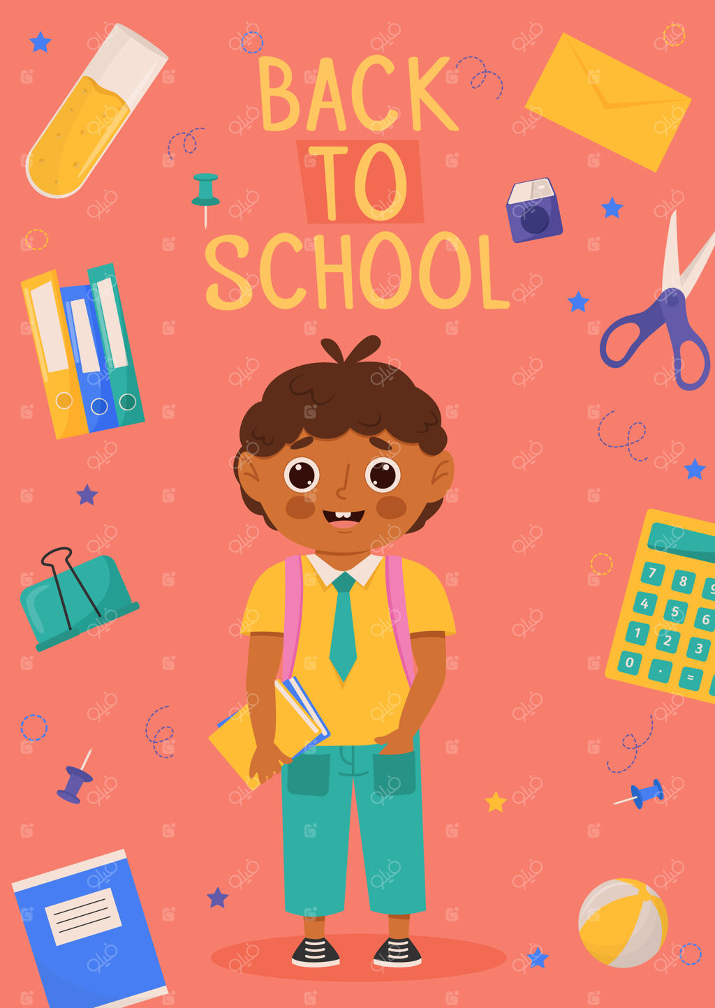 طراحی بنر بازگشت به مدرسه با کاراکترهای بامزه و لوازم آموزشی رنگارنگ