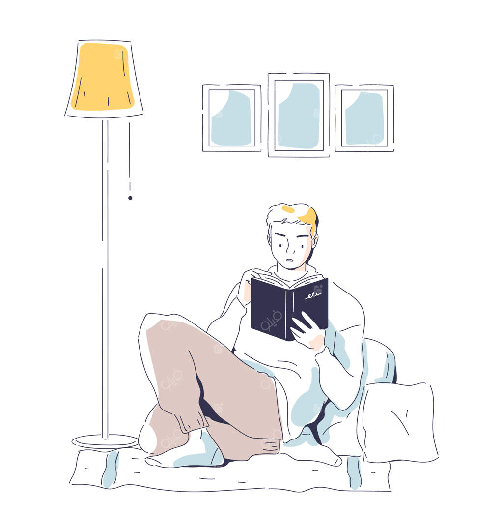 طرح نقاشی فرد با کتاب - مردی در خانه با کتاب درسی یا داستانی، سرگرمی مفید و علاقه به ادبیات، دانشجو در خانه - تصویر کارتونی تخت، جدا شده بر روی پس زمینه سفید