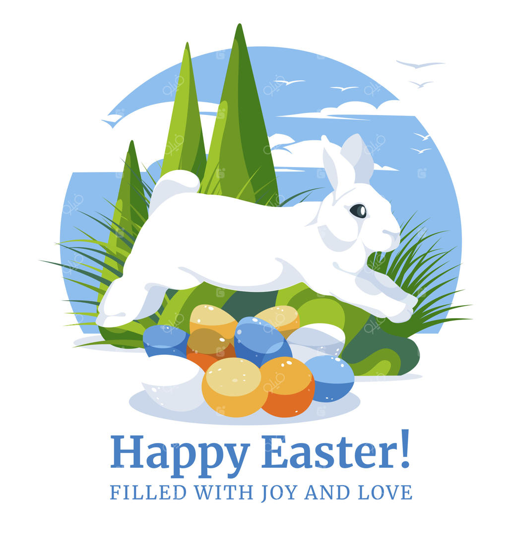 خرگوش سفید در باغ سبز انگلیسی از روی تخم‌مرغ‌های عید پاک می‌پرد. کارت عید پاک. تصویرسازی برداری تخت