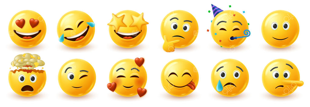 صورتک‌های بامزه سه‌بعدی: شکلک زرد با قلب‌های عاشقانه و چشمی ستاره‌ای، چهره‌ای خندان و شاد، ذهن منفجر شده، چشمک و زبان خوشمزه!