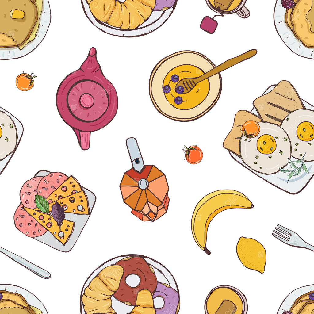 طرح زیبا با صبحانه‌های خوشمزه: ساندویچ، کروسان و پنکیک.