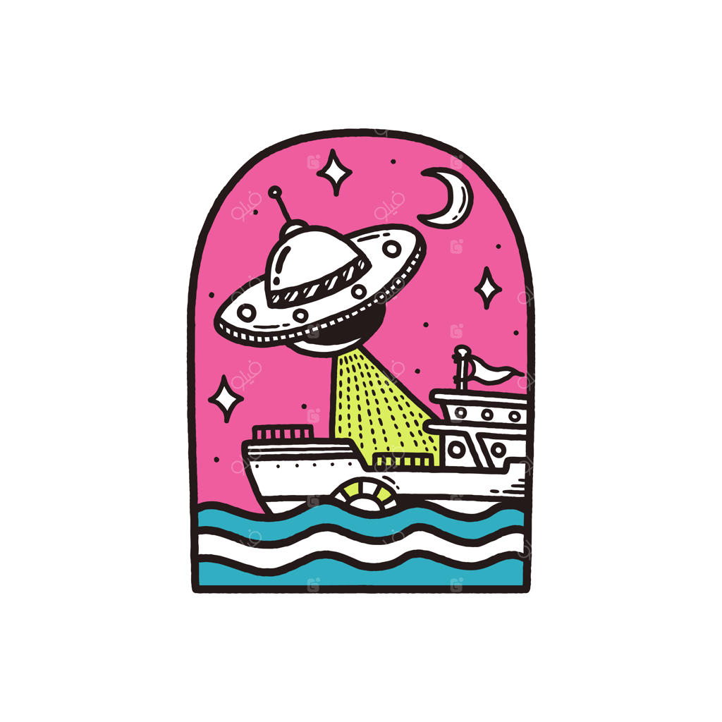 تصویرسازی وکتور از بشقاب پرنده و کشتی در دریا