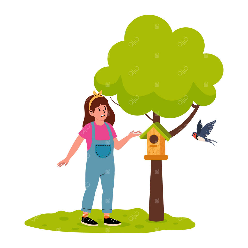 کودکی در باغی آفتابی با لانه پرنده زیر درخت بازی می‌کند