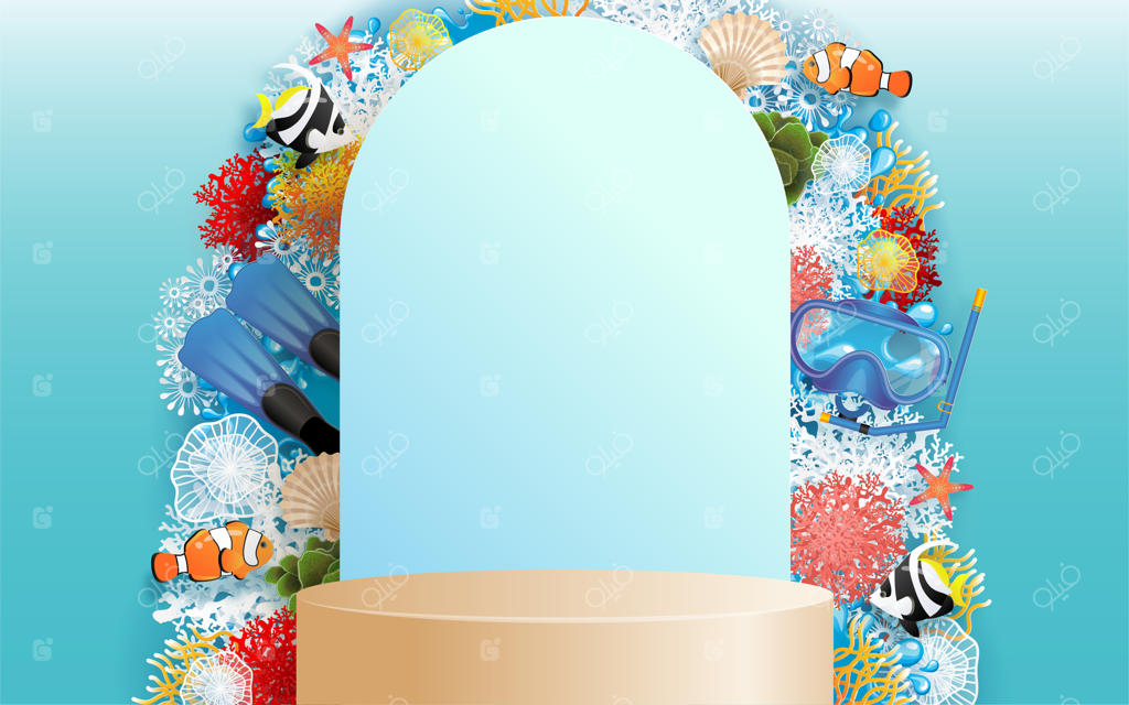 طراحی تعطیلات تابستانی با ساحل رنگارنگ و دنیای زیر آب، شامل ماسه، مرجان و ماهی‌ها