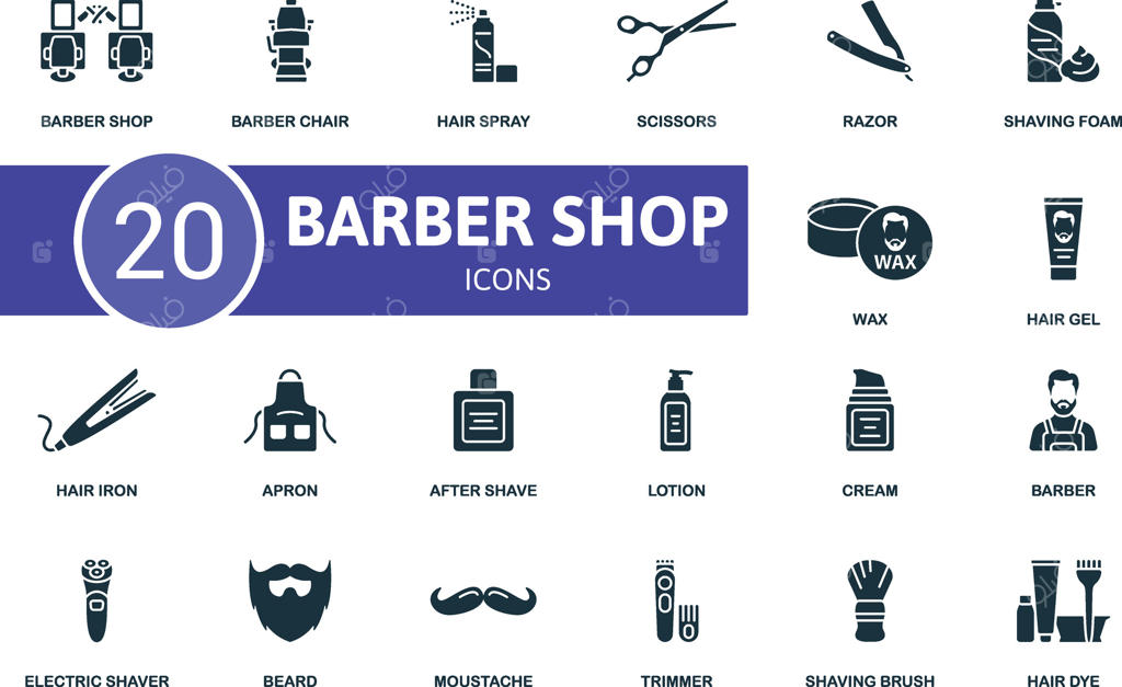 مجموعه آیکون‌های آرایشگاه: صندلی آرایشگاه، اسپری مو، قیچی، تیغ، فوم اصلاح، واکس، ژل مو، اتوی مو، پیش‌بند و موارد دیگر