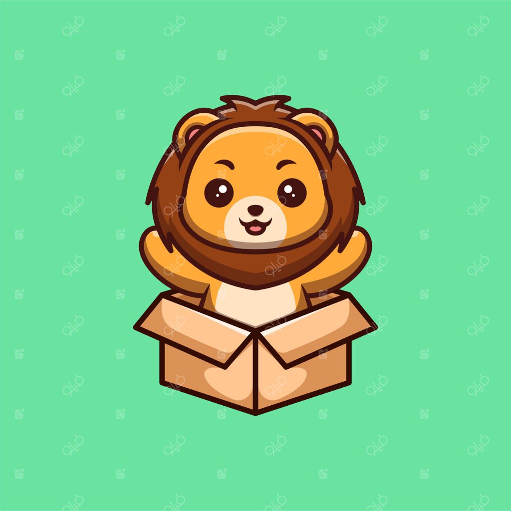 شیر بامزه و خلاق کارتونی به عنوان نماد لوگو در حال بیرون آمدن از جعبه