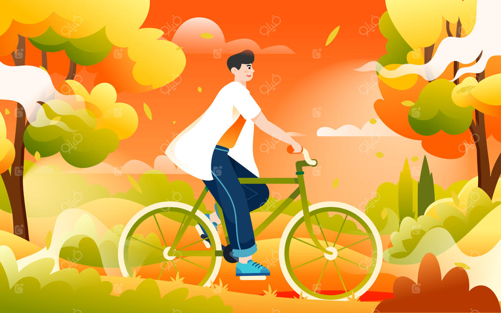 تصویرسازی وکتور از ورزش و پیاده‌روی افراد در فضای باز پاییزی با پس‌زمینه درختان و چمن