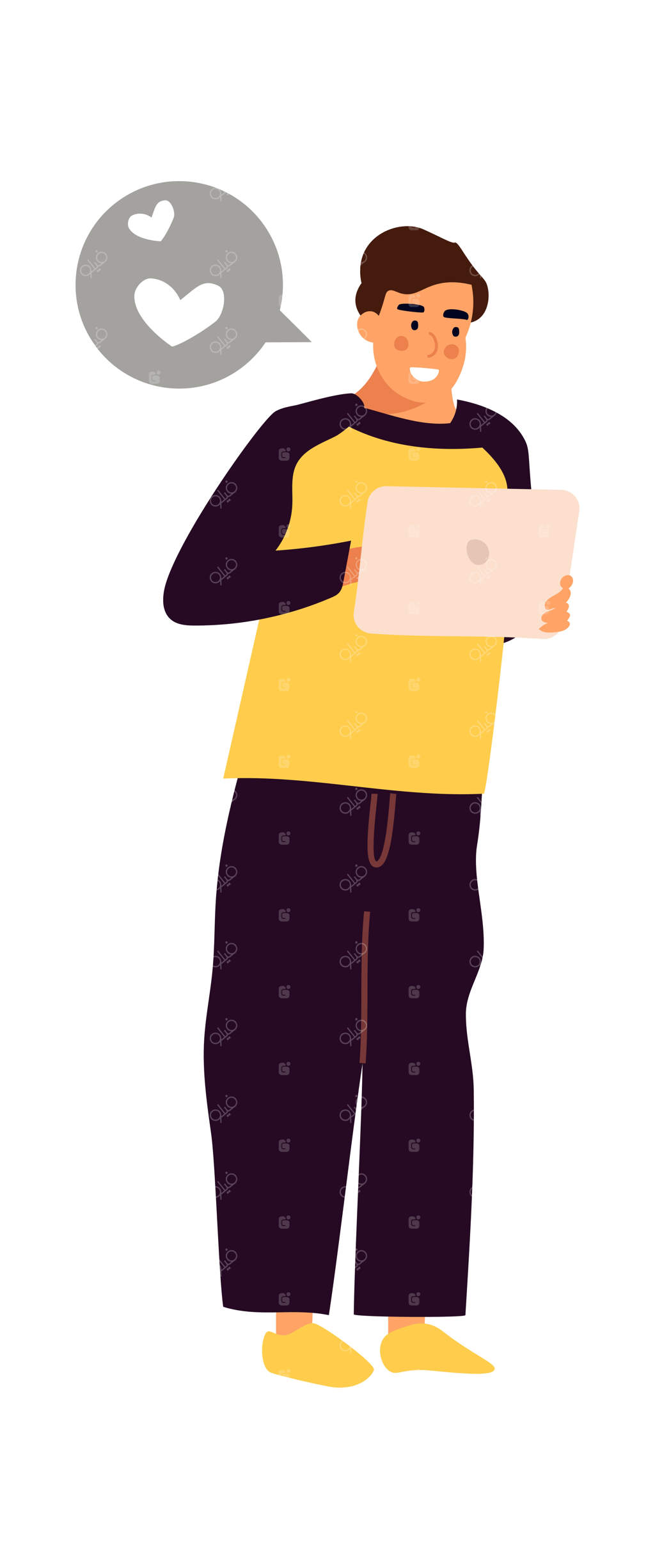 مرد با تبلت دیجیتال - شخصیت کارتونی موبایل به دست و در حال ارسال پیام - جوان خوشحال مشغول چت - نوجوان تنها با حباب گفت‌وگو همراه با قلب‌ها - ارتباط آنلاین وکتور