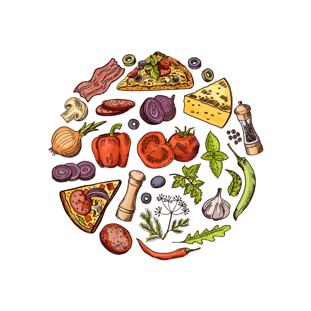 طرح مفهومی دایره‌ای عناصر پیتزا ایتالیایی طراحی و رنگ‌آمیزی شده: پیتزا ایتالیایی و سالامی خوشمزه