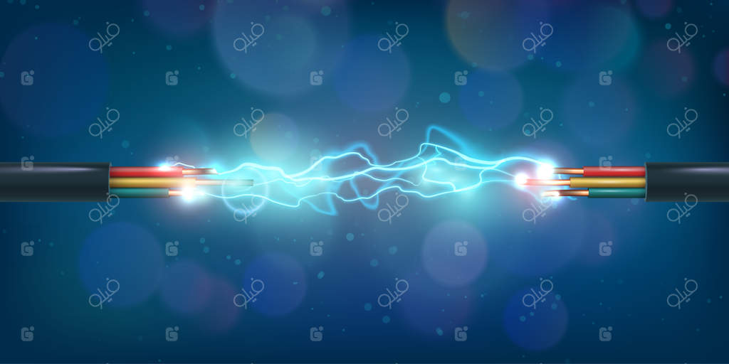 اتصال کابل برق مسی با جرقه درخشان. تخلیه سیم‌های مدار انرژی رنگی. مفهوم فناوری ارتباط. قطعی خطرناک برق و انفجار