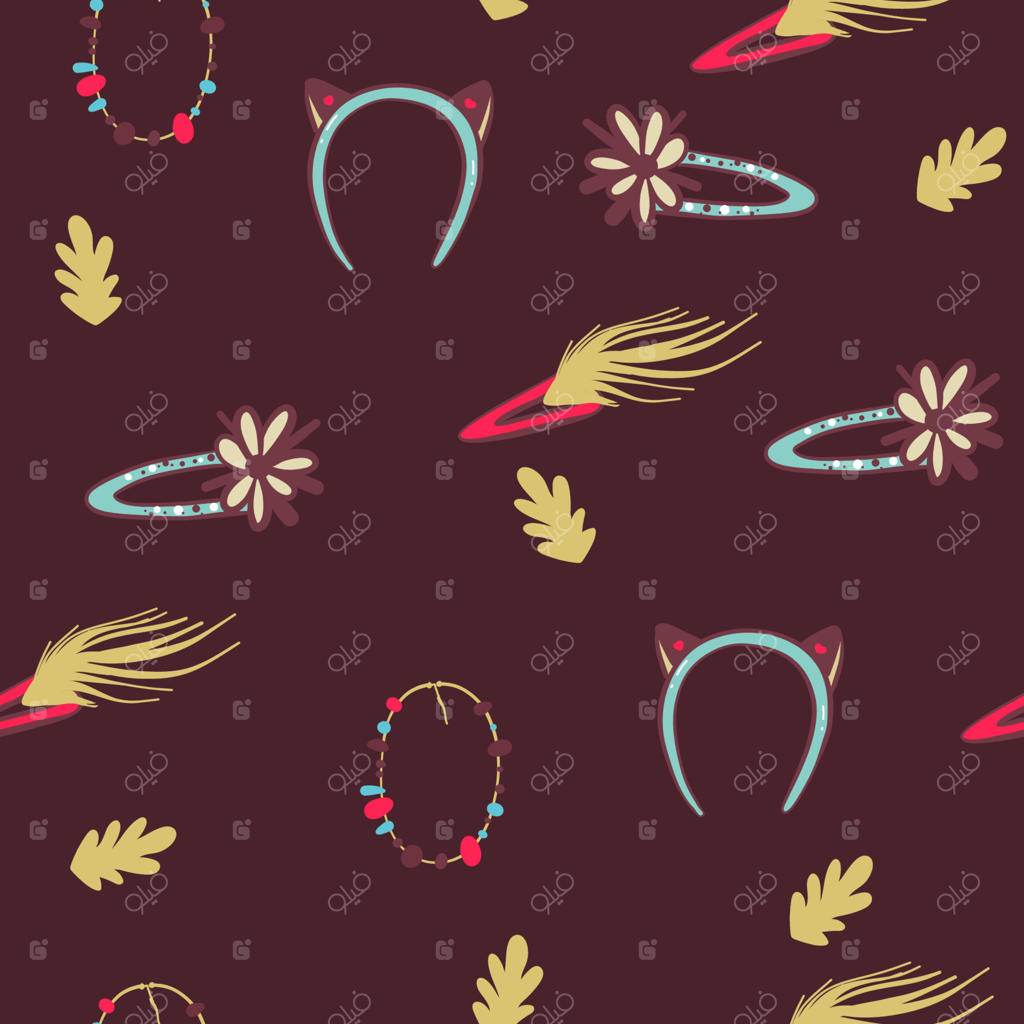 پیش‌زمینه اکسسوری مو: لوازم شیک، سنجاق و کلیپس. کلیپس‌های شیک پلاستیکی برای دختر بچه‌ها، پترن یکپارچه وکتور برای آرایشگران.