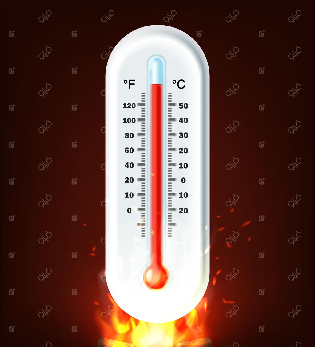 آیکون وکتور کارتونی و واقع‌گرایانه دماسنج داغ و شعله‌ور