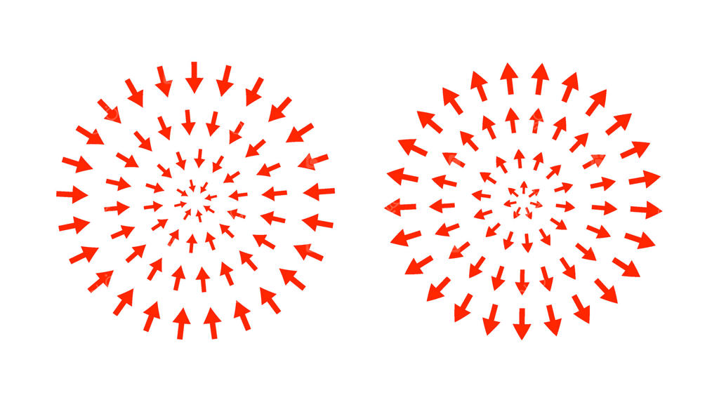 پیکان‌های هم‌مرکز قرمز به سمت مرکز. نقطه‌ی کانونی، هدف، مفهوم رادار. پیکان‌های به سمت داخل.