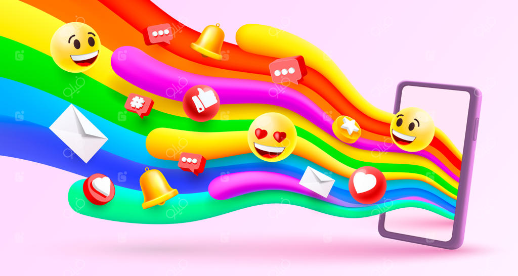 بنر وکتور: موج رنگین کمانی در آسمان با آیکون‌های شبکه‌های اجتماعی و طرح‌های هنری گوشی هوشمند