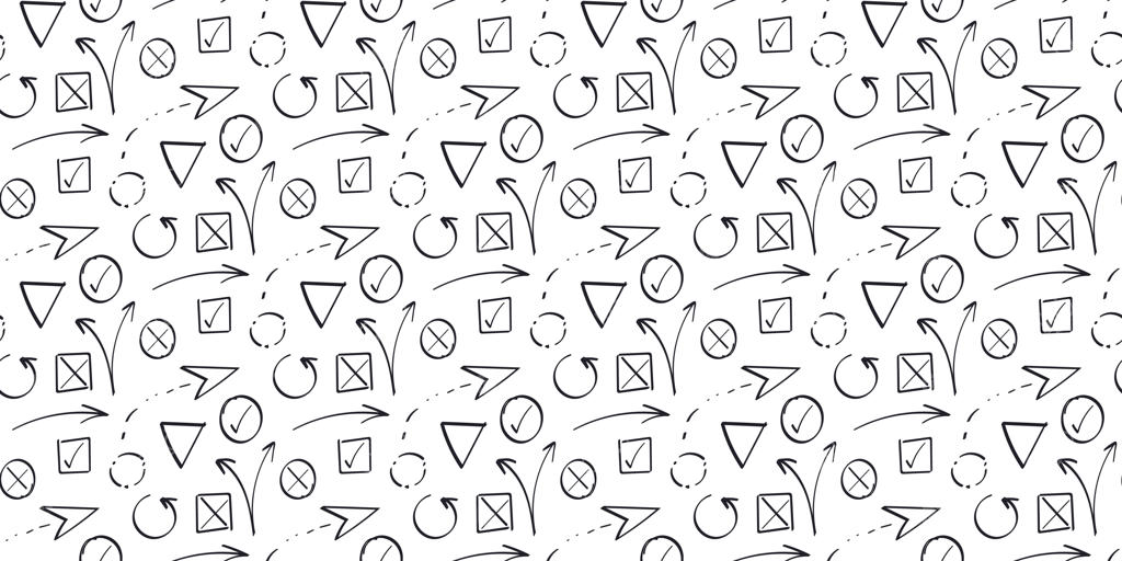 الگوی طرح دستی تیک، ضربدر و فلش روی پس‌زمینه سفید؛ نمادهای انتخاب و رای‌گیری