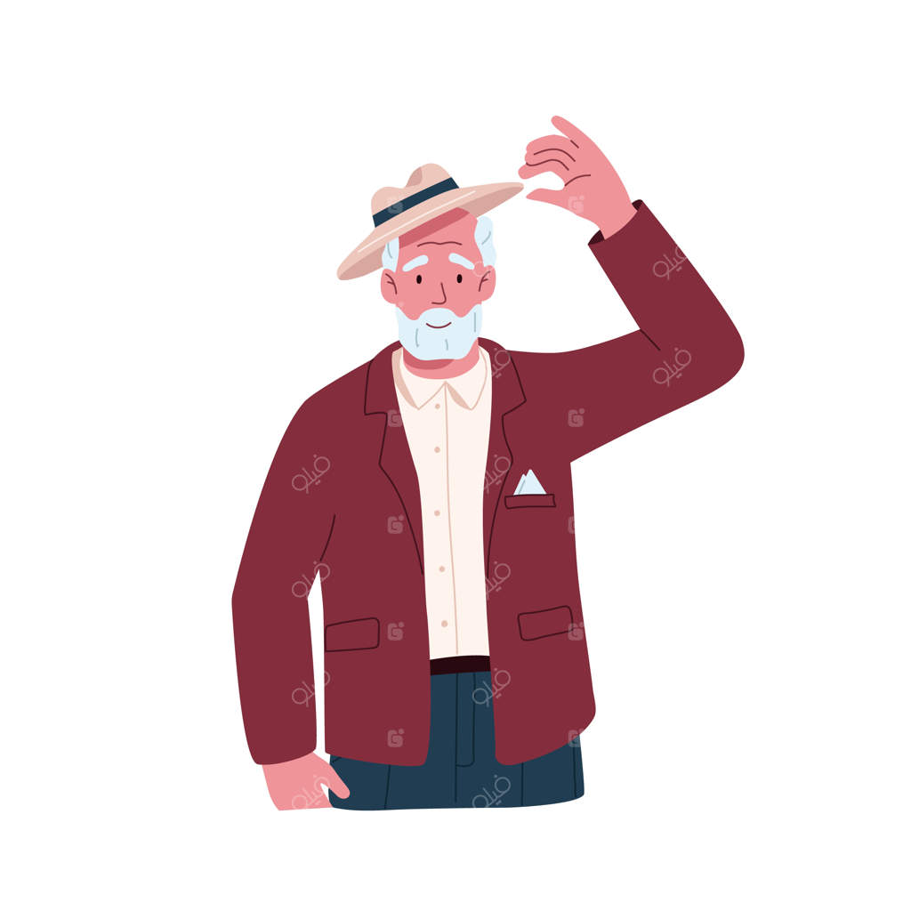 مردی مسن با سلامی شیک و اشاره‌ای با کلاه به کسی خوش‌آمد می‌گوید - پرتره‌ای از یک جنتلمن لبخند‌زن و با کلاه‌برداری مودبانه - تصویرسازی وکتور ساده بر زمینه سفید