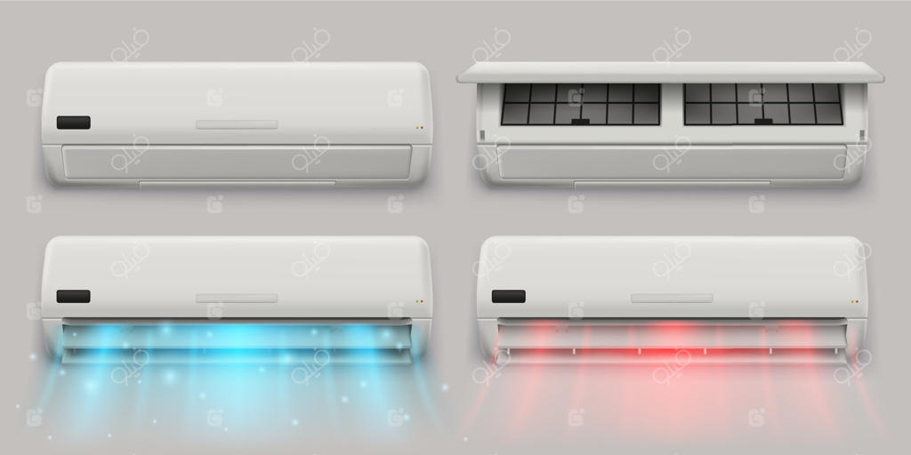 سیستم تهویه مطبوع دیواری: دستگاه کولر گازی با درب باز، حالت آماده به کار و فعال همراه با جریان هوا برای سرد و گرم کردن - مجموعه تصاویر سه‌بعدی