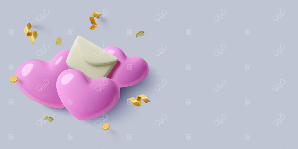 پس‌زمینه روز ولنتاین با پاکتی روی قلب‌های سه‌بعدی بزرگ، فضای خالی برای متن و پولک‌های جشن. نامه عاشقانه، مفهوم دعوت‌نامه مهمانی. تصویرسازی سه‌بعدی.