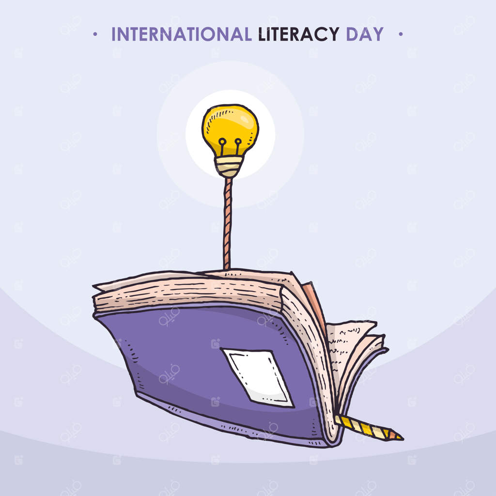 بنر روز جهانی سوادآموزی با تصویر کتاب‌ها و چراغ روشنایی