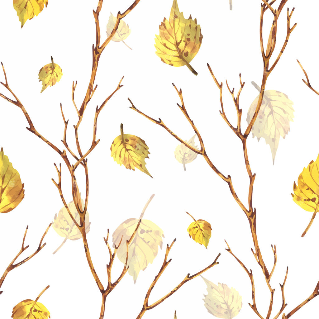 شاخه‌های درختان پاییزی، درختان با برگ‌های زرد توس، جنگل پاییزی، پارک، باغ. تصویرسازی دست‌ساز آبرنگ. پترن یکپارچه روی زمینه سفید.