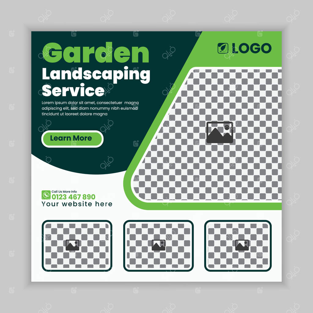 طراحی پست شبکه‌های اجتماعی برای خدمات نگهداری از چمن، باغ یا محوطه‌سازی، قالب بنر مربعی برای وب، پست شبکه‌های اجتماعی خدمات کشاورزی یا طراحی بنر آنلاین، قالب وب