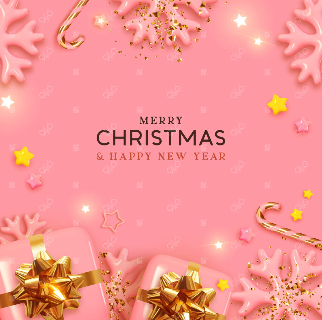 کریسمس مبارک و سال نو مبارک! طراحی جذاب هدایا و اشیاء تزئینی برای کریسمس. نمای از بالا. پوستر صورتی کریسمس، بنر تعطیلات، بروشور شیک، کارت تبریک