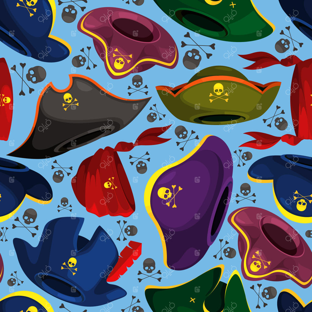 پروژه طراحی پارچه الگوی کلاه دزدان دریایی با لباس‌ کاپیتان‌ها و دزدان دریایی کارناوال، دستمال‌سرهای رنگارنگ و پس‌زمینه بدون درز وکتور