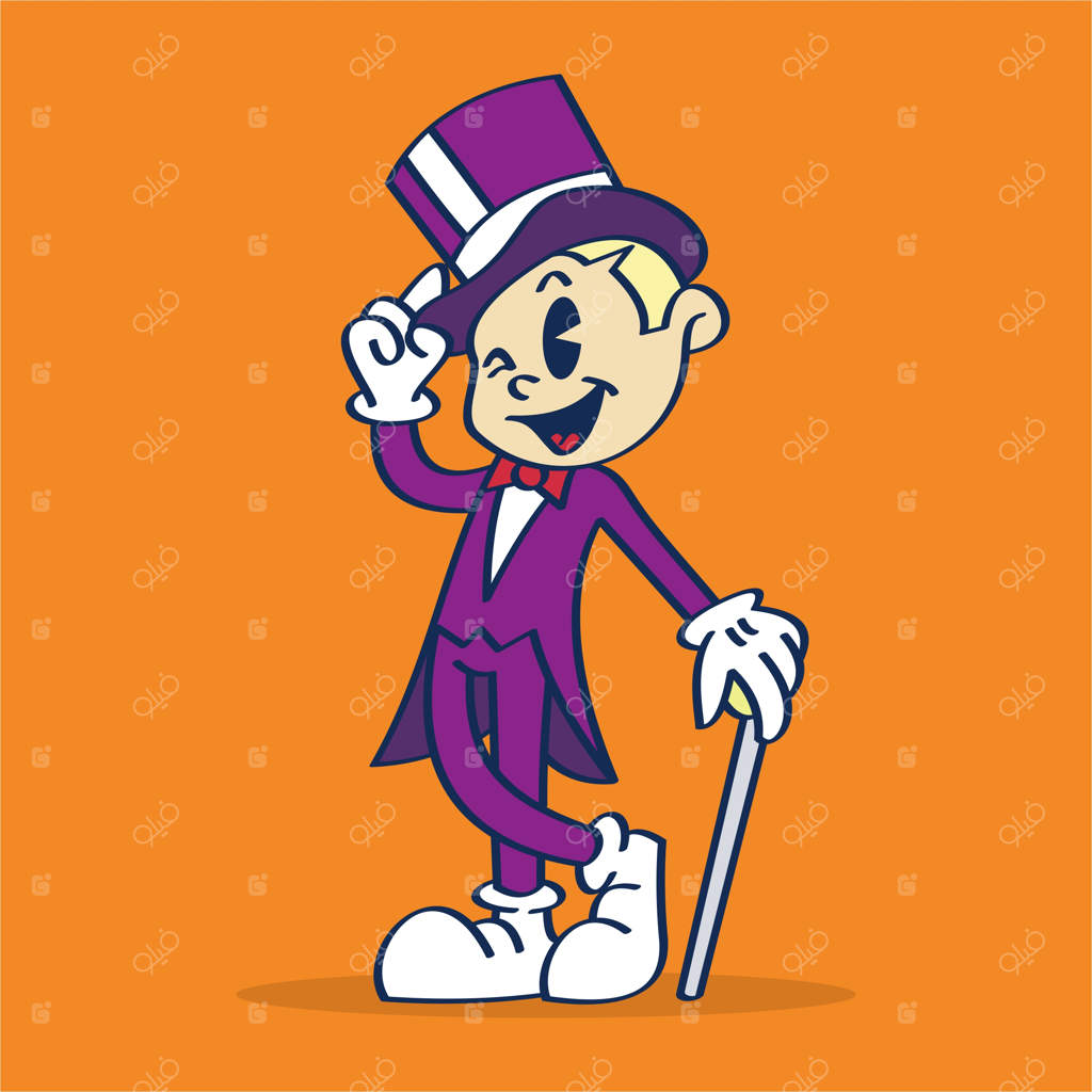 تصویر کارتونی یک جادوگر با عصا و کلاه که چشم‌کشته و دست‌کشیده شده است