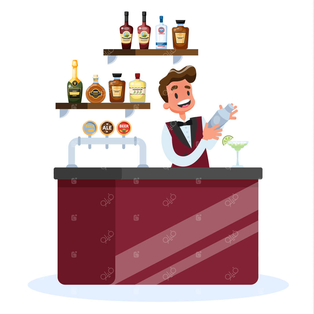 متصدی بار با یونیفرم پشت پیشخوان ایستاده است