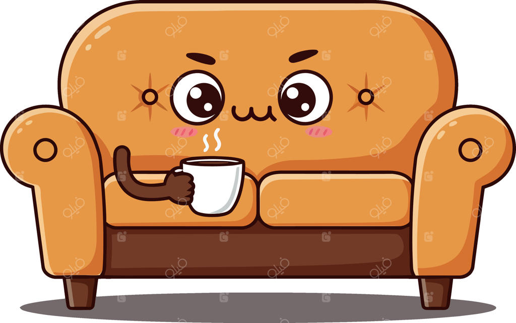 شخصیت کارتونی کاناپه نارنجی با یک فنجان قهوه در یک تصویر تخت