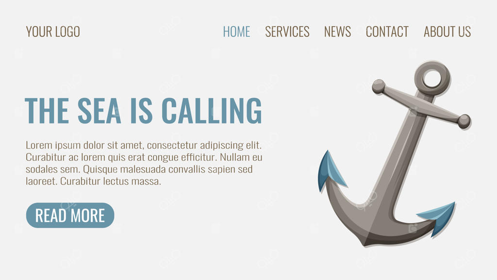 لنگر با متن "دریا به ما فرا می‌خواند" یک قالب وب با سبک دریایی و دریانوردی