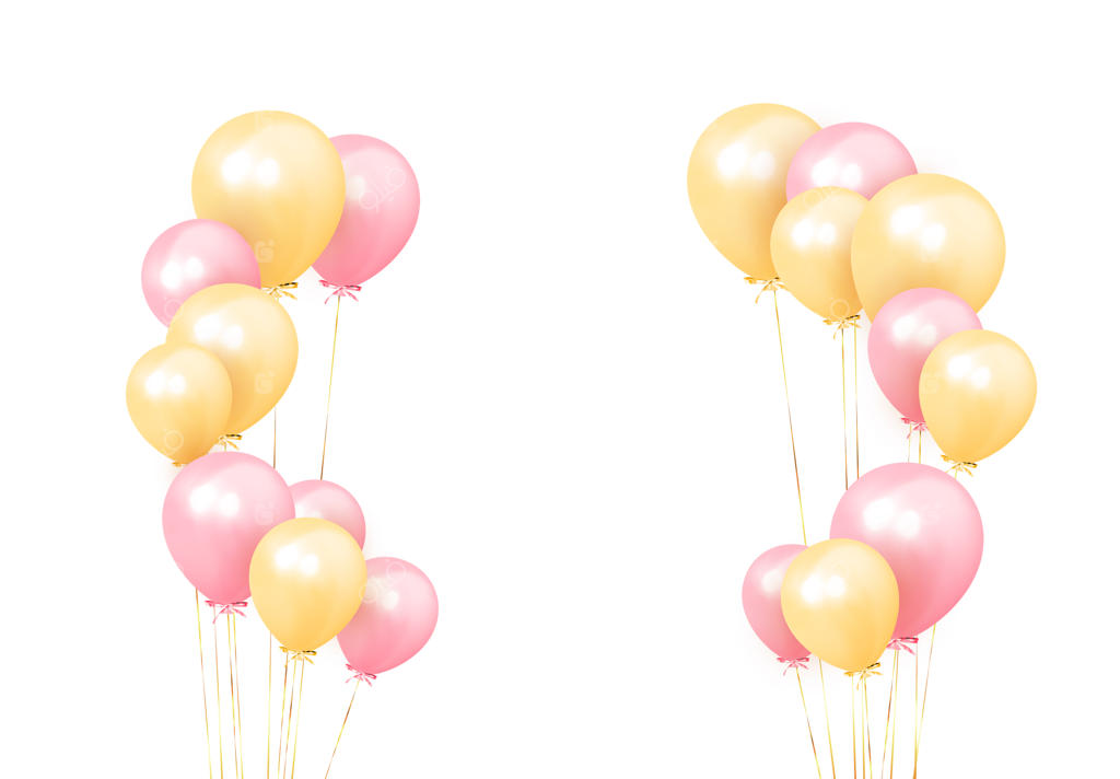 پس‌زمینه جشن با بادکنک‌های هلیومی: تولد، پوستر و بنر. سالگرد خوش. عناصر طراحی دکوراتیو واقع‌گرایانه. شیء سه‌بعدی وکتور، رنگ‌های صورتی و نارنجی.