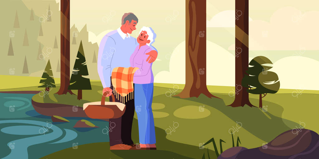 زوج مسن در کنار هم اوقات می‌گذرانند. زن و مرد بازنشسته. پدربزرگ و مادربزرگ خوشحال در پیک‌نیک در پارک. تصویرسازی