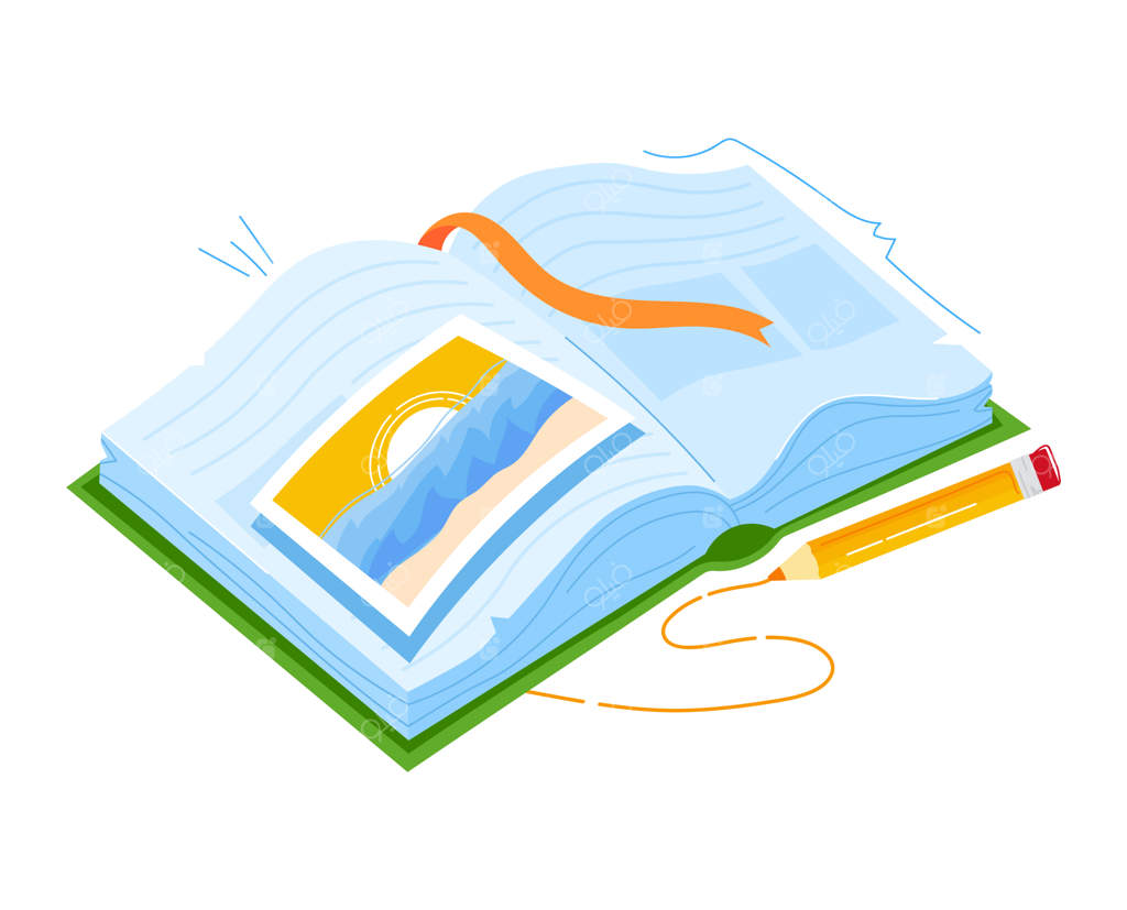 کتاب باز با صفحات آبی، نشانک نارنجی، و تصویر موج‌های مدادی روی صفحه کتاب: دانش و...