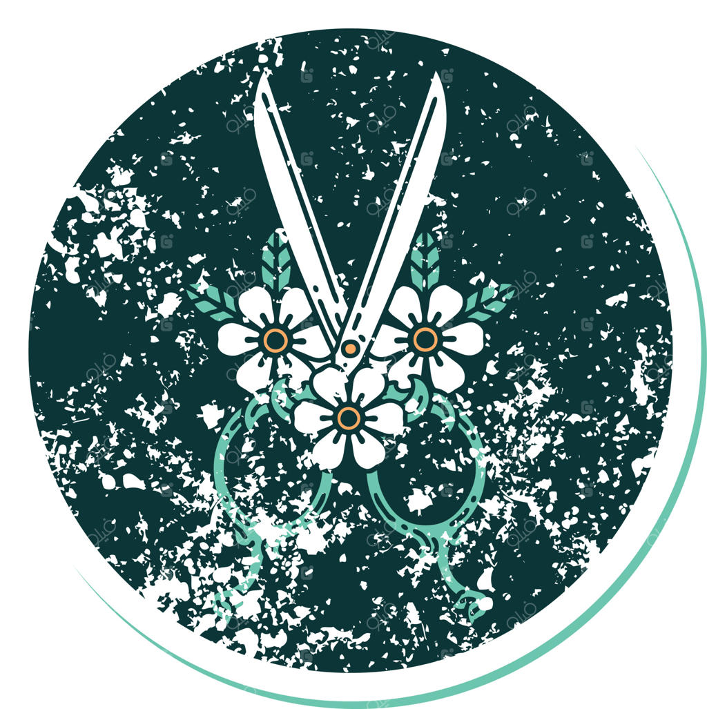 آیکون طرح خالکوبی هنری از قیچی آرایشگر و گل‌ها