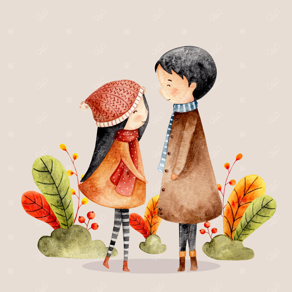 زوج شاد با آبرنگ و برگ‌ها