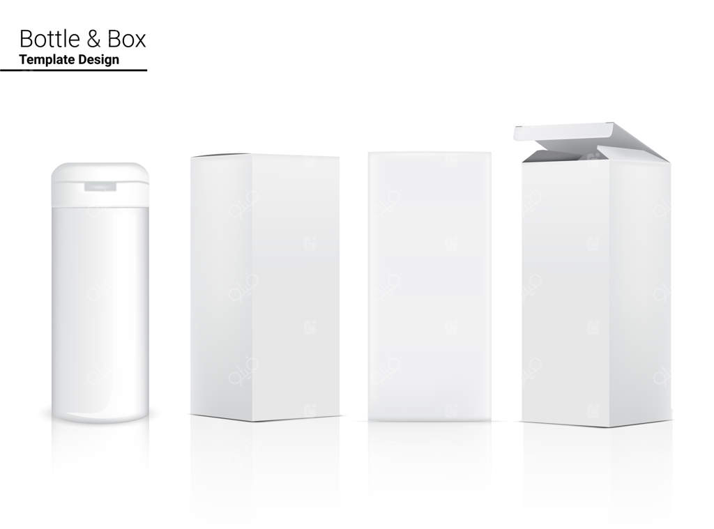 موکاپ واقعی بطری براق و جعبه سه‌بعدی برای محصولات مراقبت از پوست و ضدچروک یا مواد غذایی روی زمینه سفید. مراقبت سلامتی و پزشکی.