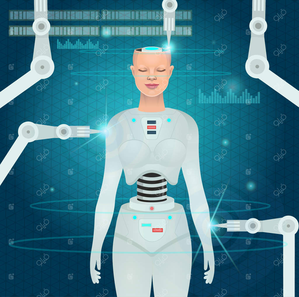 ربات‌ها چاپگر را با تکنولوژی چاپ سه‌بعدی چاپ می‌کنند: تصویرسازی ربات زن سایبورگ