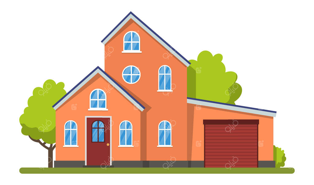 خانه مدرن و نارنجی با گاراژ متصل و باغی زیبا؛ تجسم کاملی از زندگی مسکونی در یک محله آرام حومه شهری.