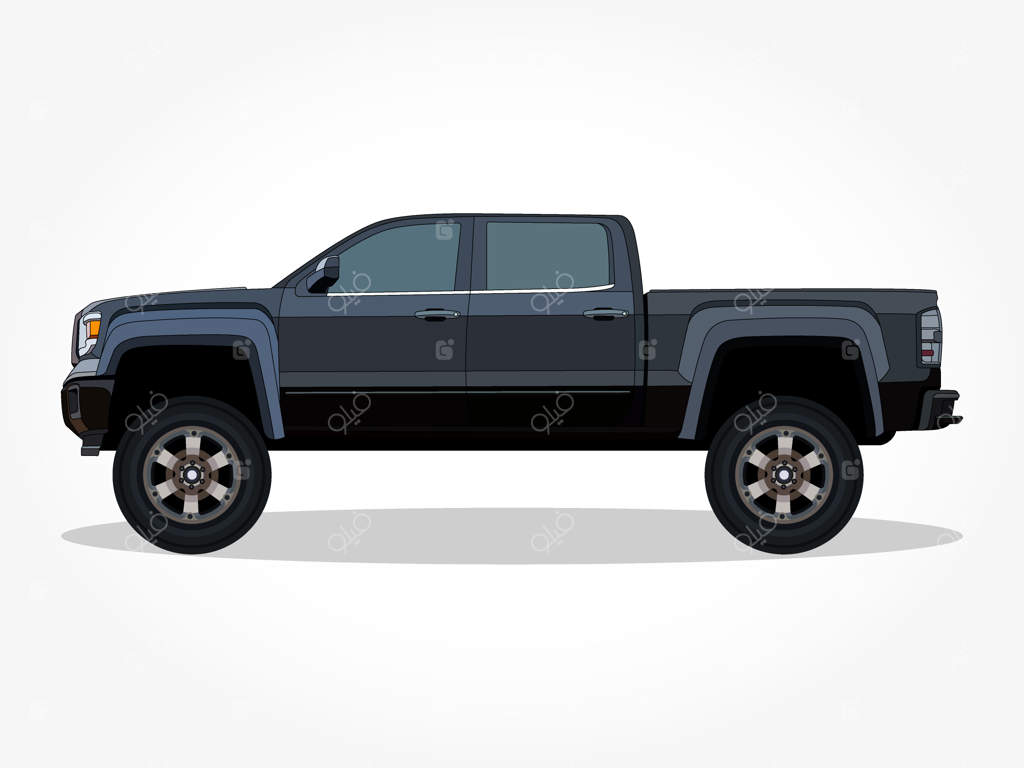 تصویر کارتونی دقیق از بدنه و رینگ‌های یک خودروی کلاسیک با رنگ یکدست، همراه با خطوط مشکی و افکت سایه