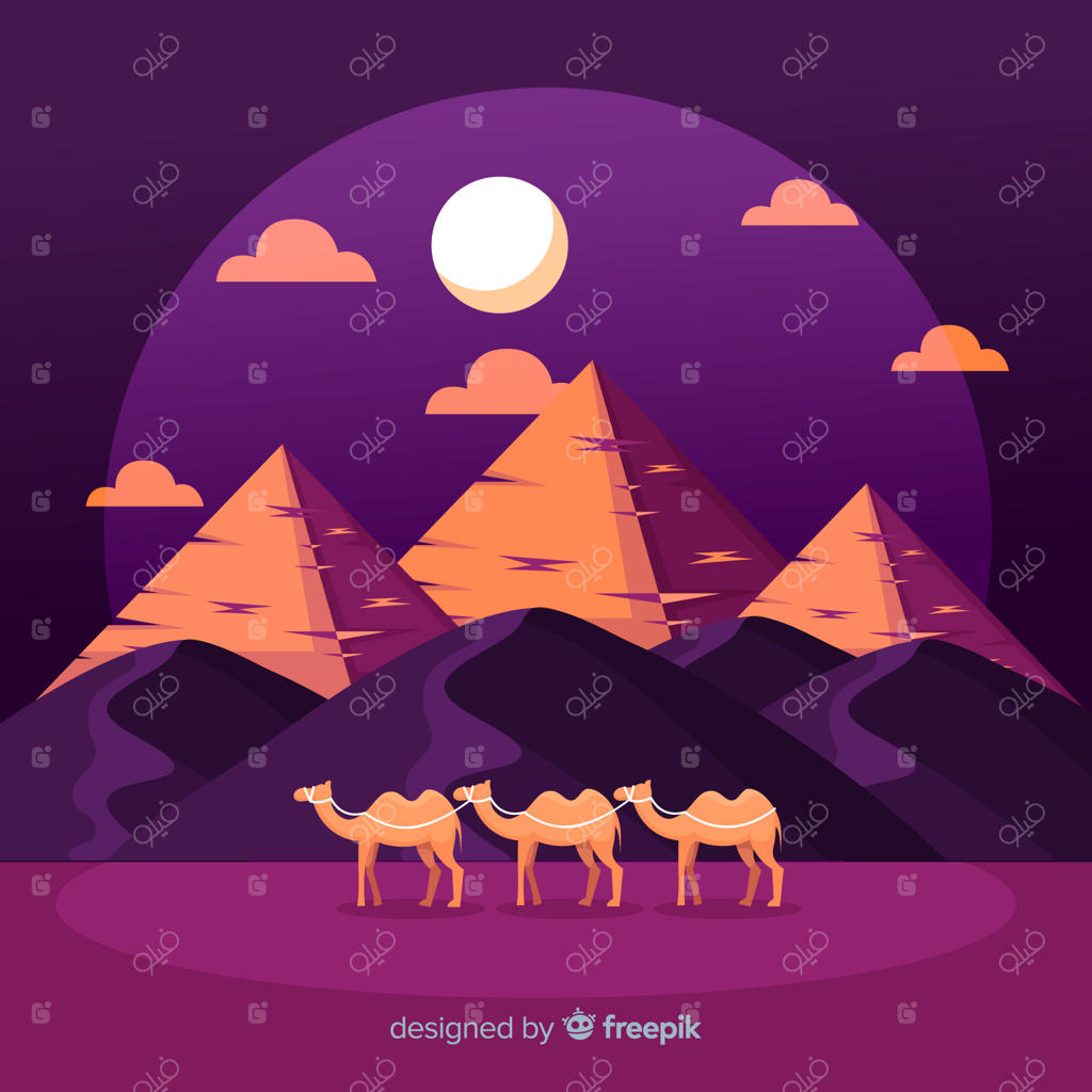 منظره‌ای از اهرام مصر در دشت با کاروان شترها