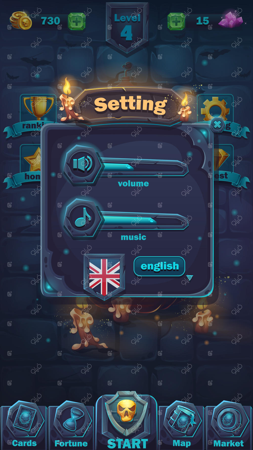 پنجره تنظیمات حجم نبرد هیولاها - رابط کاربری بازی با طرح کارتونی - پس‌زمینه دیوار ترسناک هالووین