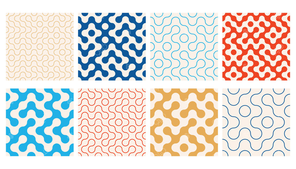 مجموعه الگوهای موزاییک معاصر با خطوط نازک و اشکال گرد توخالی و پر. طرح‌های هندسی مدرن با خطوط منحنی. ست پس‌زمینه موزاییک مدرن با چرخش خاص.