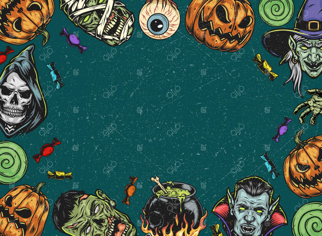 پس‌زمینه هالووینی با قاب رنگارنگ و فضای خالی برای متن