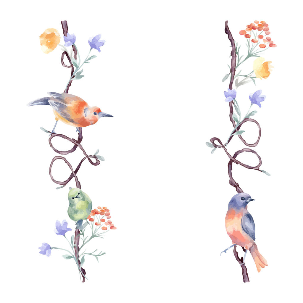 حاشیه عمودی با پرندگان رنگارنگ بر روی شاخه‌های قلبی در آبرنگ. شاخه‌ای رمانتیک با گل‌های ظریف در قابی دست‌کشیده. تصویر پرندگان با عناصر گل برای پارچه.