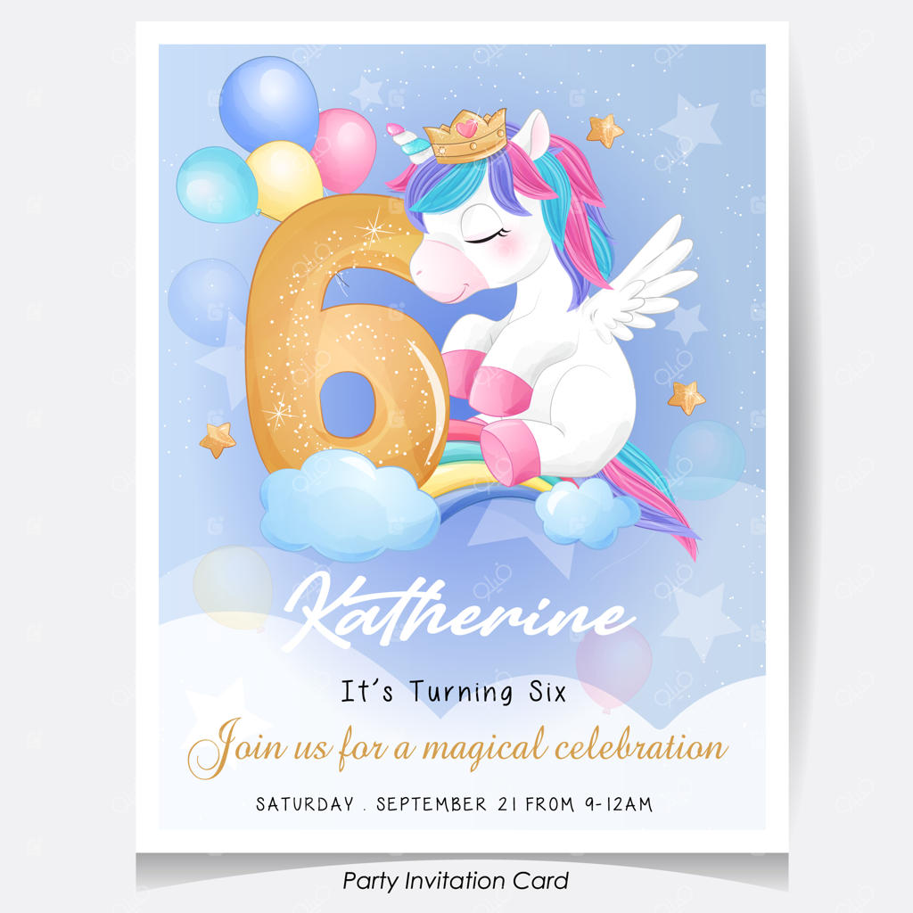 کارت دعوت مهمانی تولد با طرح اسب تک‌شاخ بامزه